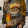 Clothing Azzlee Sweatshirt & Hoodies | Cat Print Casual Round Neck Pullover Sweatshirt Yellow