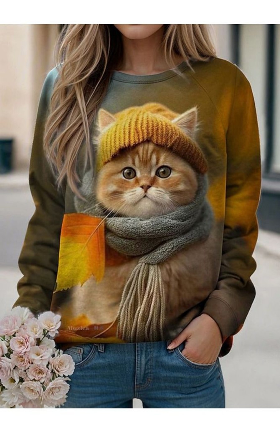 Clothing Azzlee Sweatshirt & Hoodies | Cat Print Casual Round Neck Pullover Sweatshirt Yellow