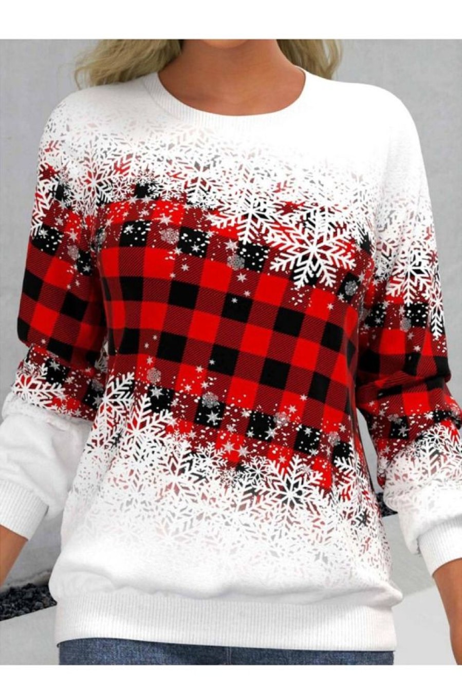 Clothing Azzlee Sweatshirt & Hoodies | Snowflake Print Round Neck Long Sleeve Sweatshirt Red