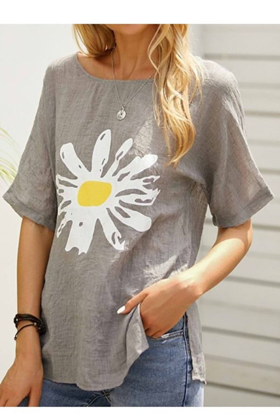 Clothing Azzlee T-Shirts | Casual Tops Short Sleeve Round Neck Vintage Floral Printed Blouse