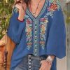 Clothing Azzlee Blouse & Shirts | Casual Graphic Tops V-Neck Long Sleeve Floral Printed Blouse Blue