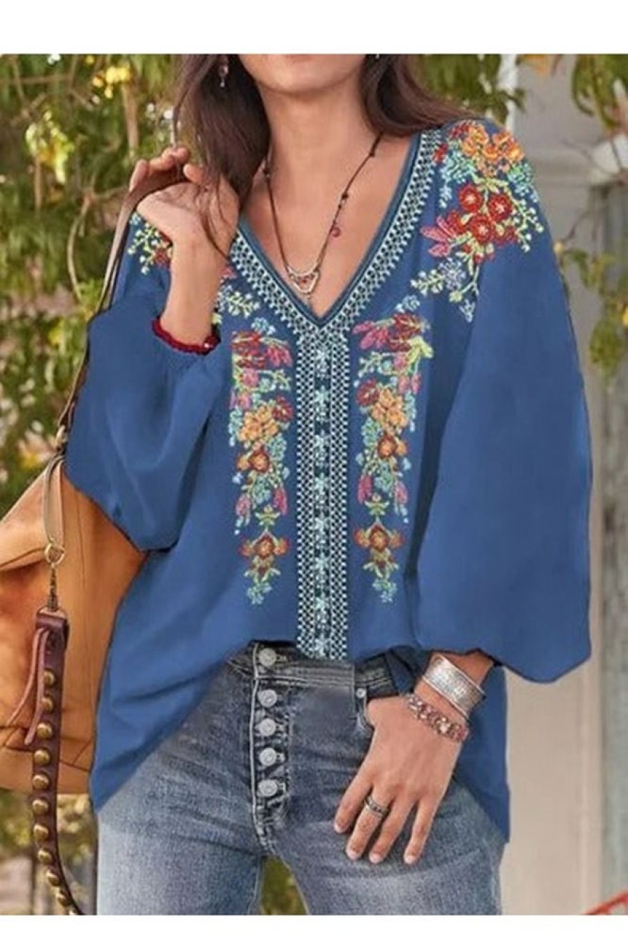 Clothing Azzlee Blouse & Shirts | Casual Graphic Tops V-Neck Long Sleeve Floral Printed Blouse Blue