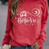 Clothing Azzlee Sweatshirt & Hoodies | Casual Graphic Tops Round Neck Long Sleeve Believe Snowflake Printed Sweatshirt Red