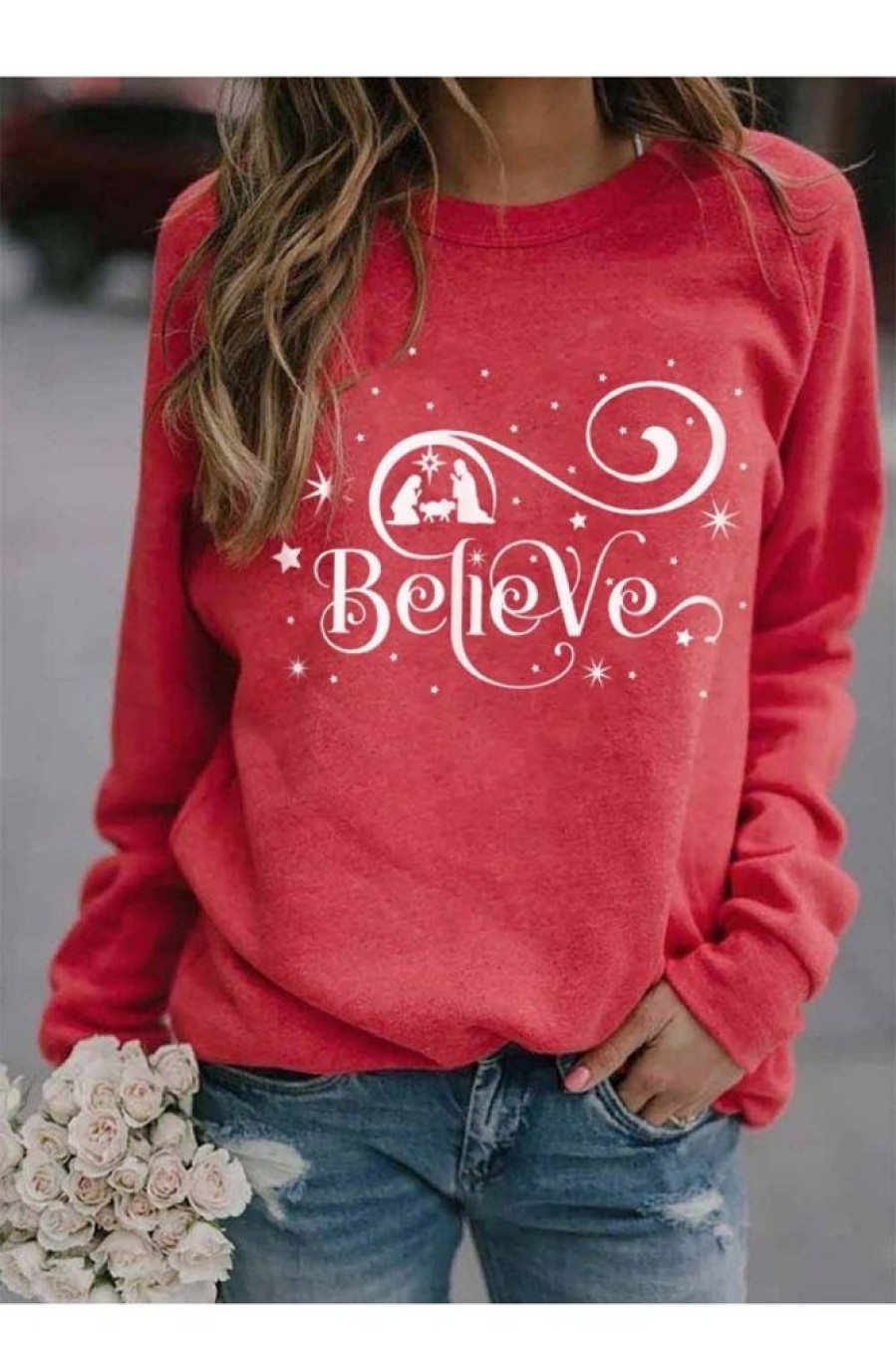 Clothing Azzlee Sweatshirt & Hoodies | Casual Graphic Tops Round Neck Long Sleeve Believe Snowflake Printed Sweatshirt Red