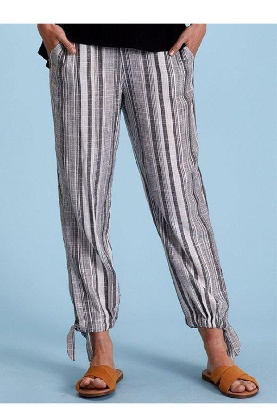 Clothing Azzlee Pants | Cotton Stripe With Pockets Casual Pants Black