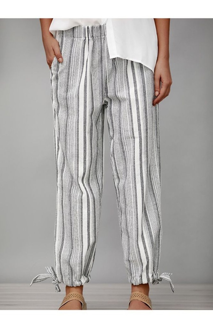 Clothing Azzlee Pants | Cotton Stripe With Pockets Casual Pants Black