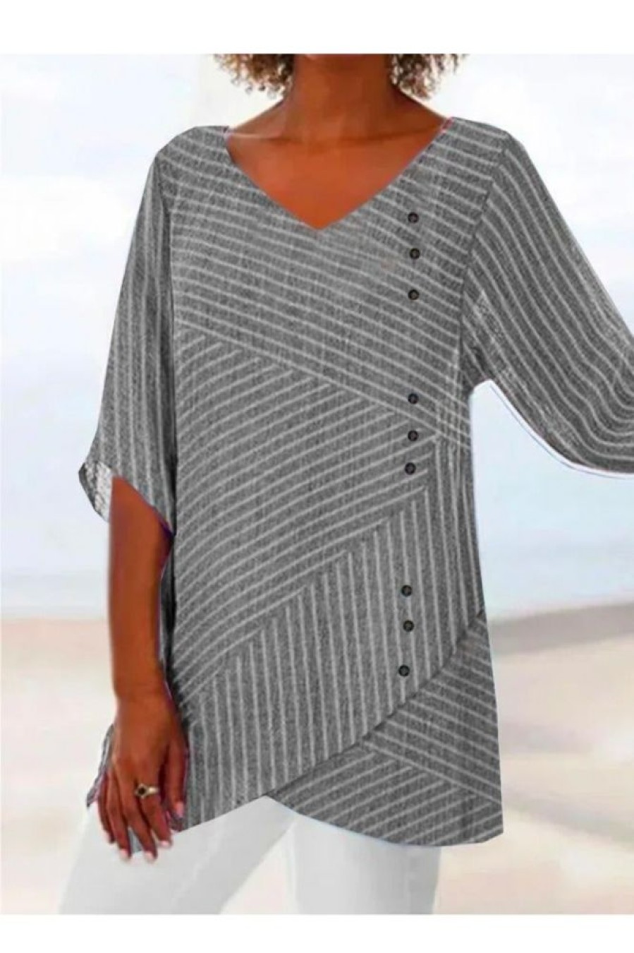 Clothing Azzlee Blouse & Shirts | Casual V Neck Stripe Printed Half Sleeve Blouse Gray