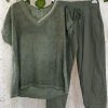 Clothing Azzlee | Casual V Neck Solid Short Sleeve Two Piece Sets Green