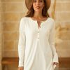 Clothing Azzlee T-Shirts | Solid Buttons Casual V-Neck Long Sleeve T-Shirt White