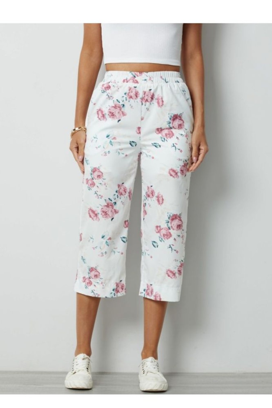 Clothing Azzlee Pants | Floral Casual Pants With Pockets White