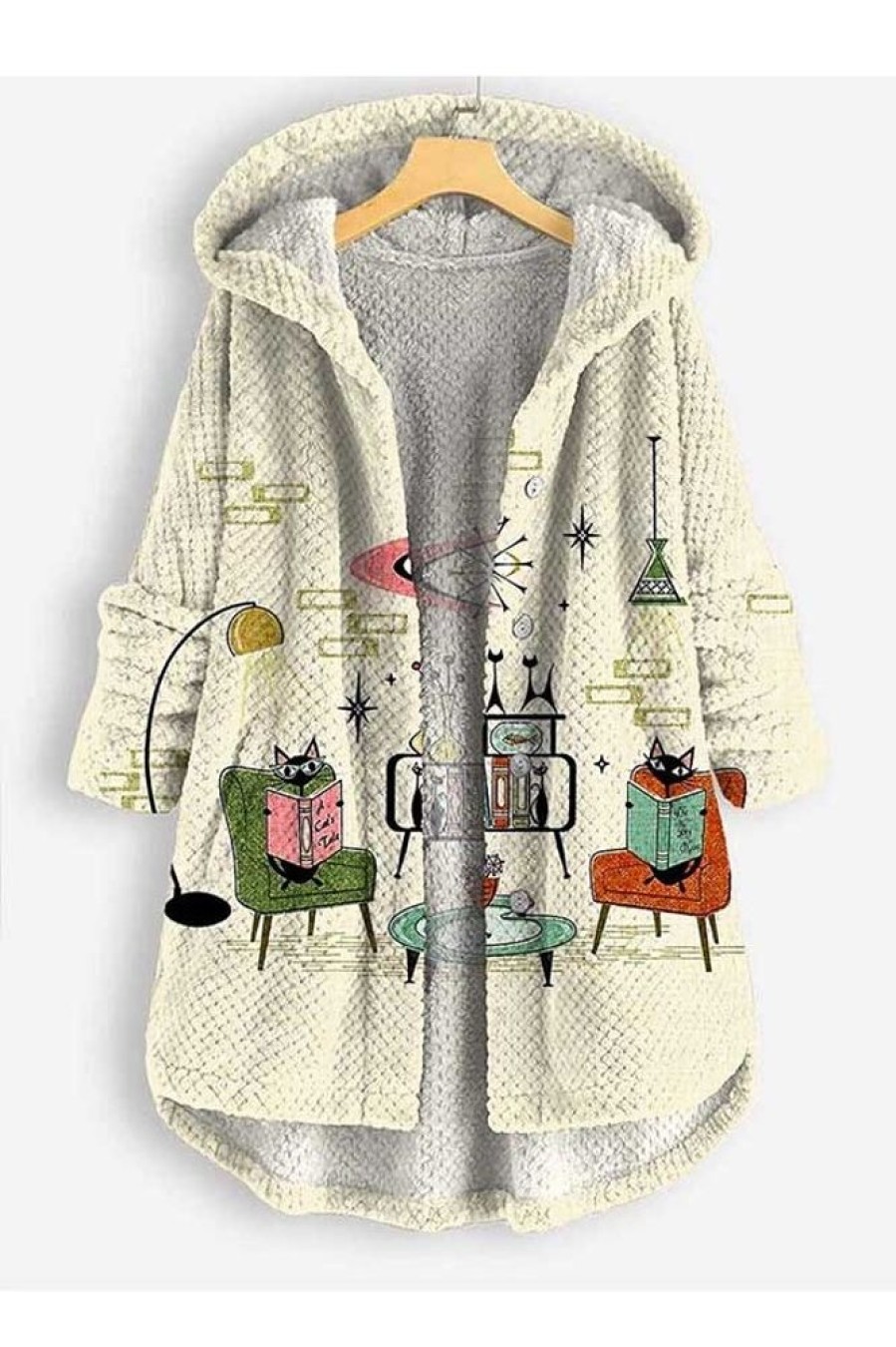 Clothing Azzlee Coats | Casual Cat Art Print Coral Fleece Button Coat Multi