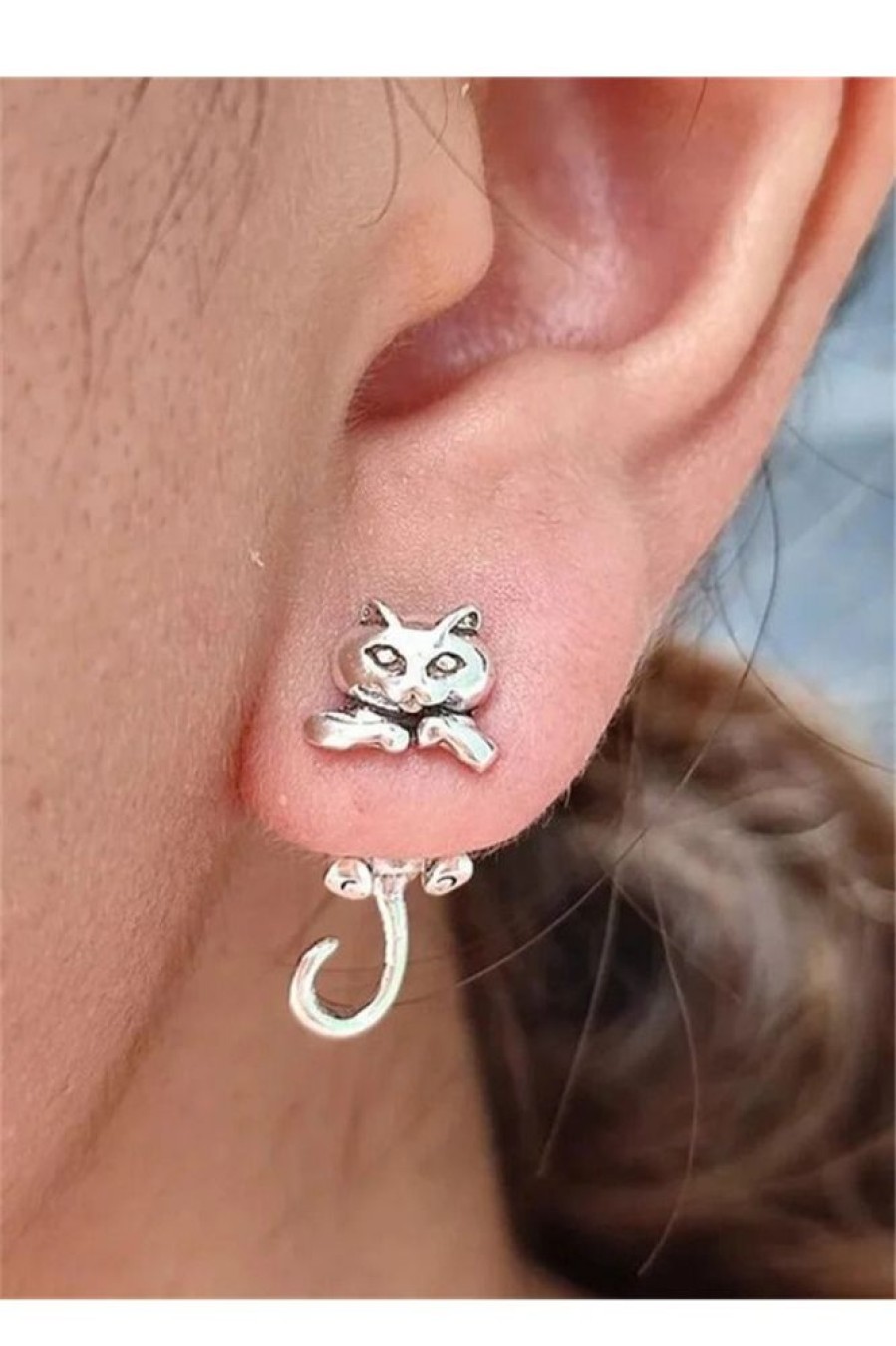 Clothing Azzlee | Creative Cat Piercing Stud Earrings Silver