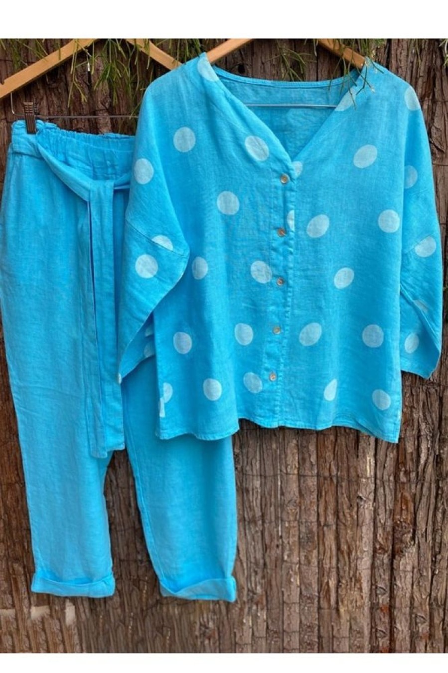 Clothing Azzlee | Casual V Neck Polka Dot Printed Long Sleeve Two Piece Sets Blue