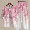 Clothing Azzlee | Casual Round Neck Floral Printed Half Sleeve Two Piece Suit Pink