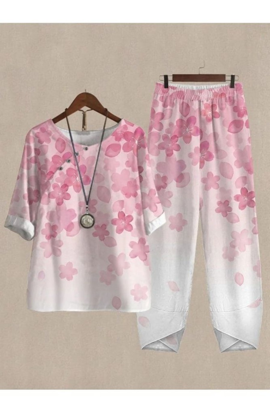 Clothing Azzlee | Casual Round Neck Floral Printed Half Sleeve Two Piece Suit Pink