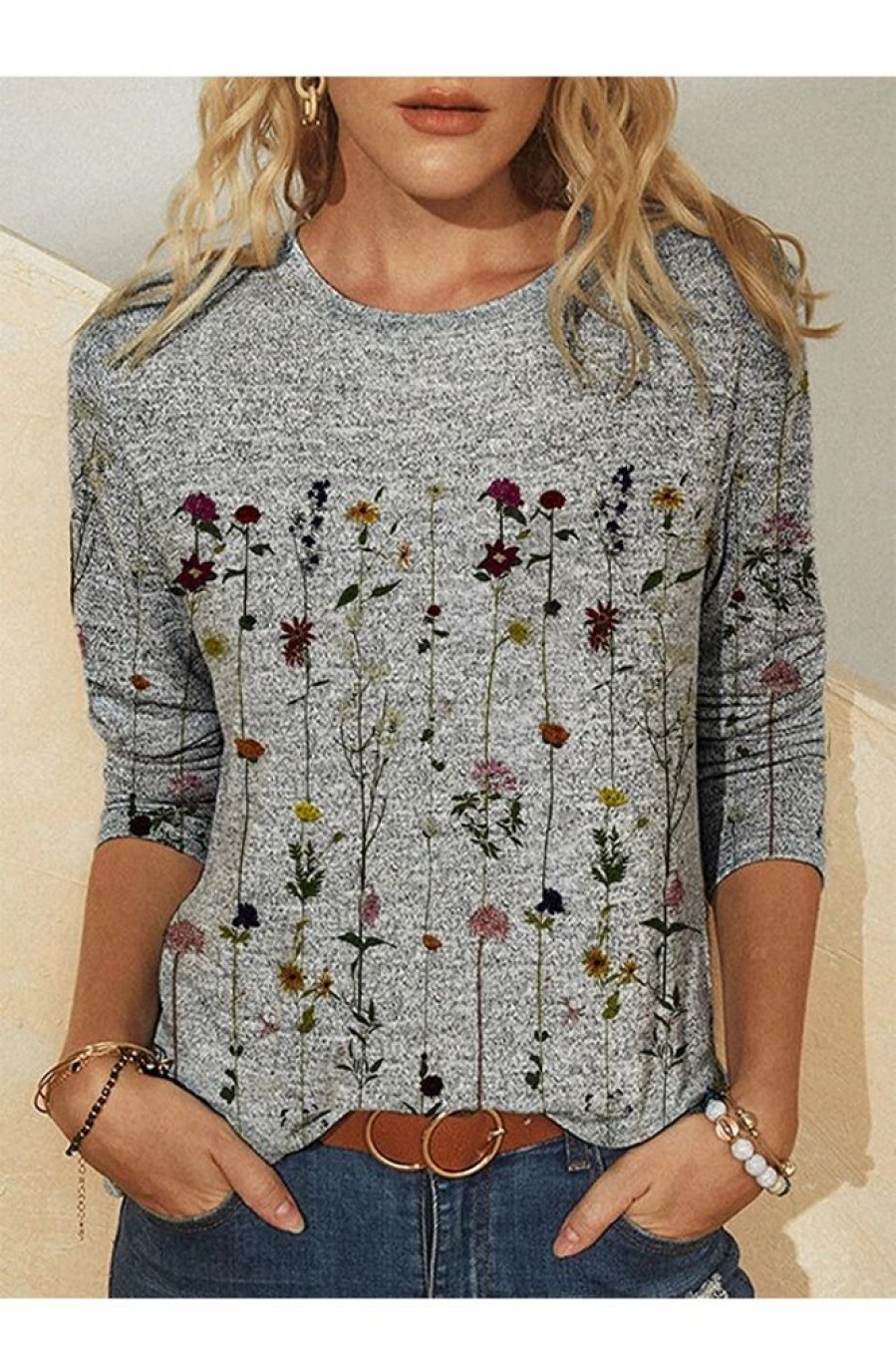 Clothing Azzlee Sweatshirt & Hoodies | Casual Graphic Tops Round Neck Long Sleeve Floral Printed Sweatshirts Gray