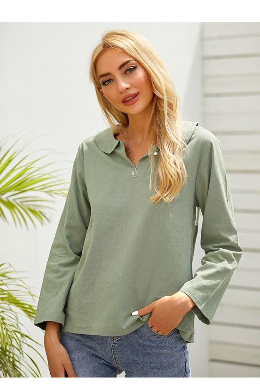 Clothing Azzlee Sweatshirt & Hoodies | Solid Casual Round Neck Long Sleeve Blouse Green