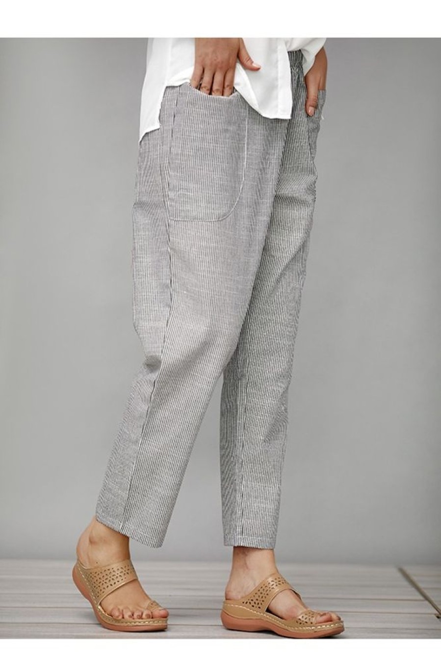 Clothing Azzlee Pants | Stripe With Pockets Casual Pants Grey