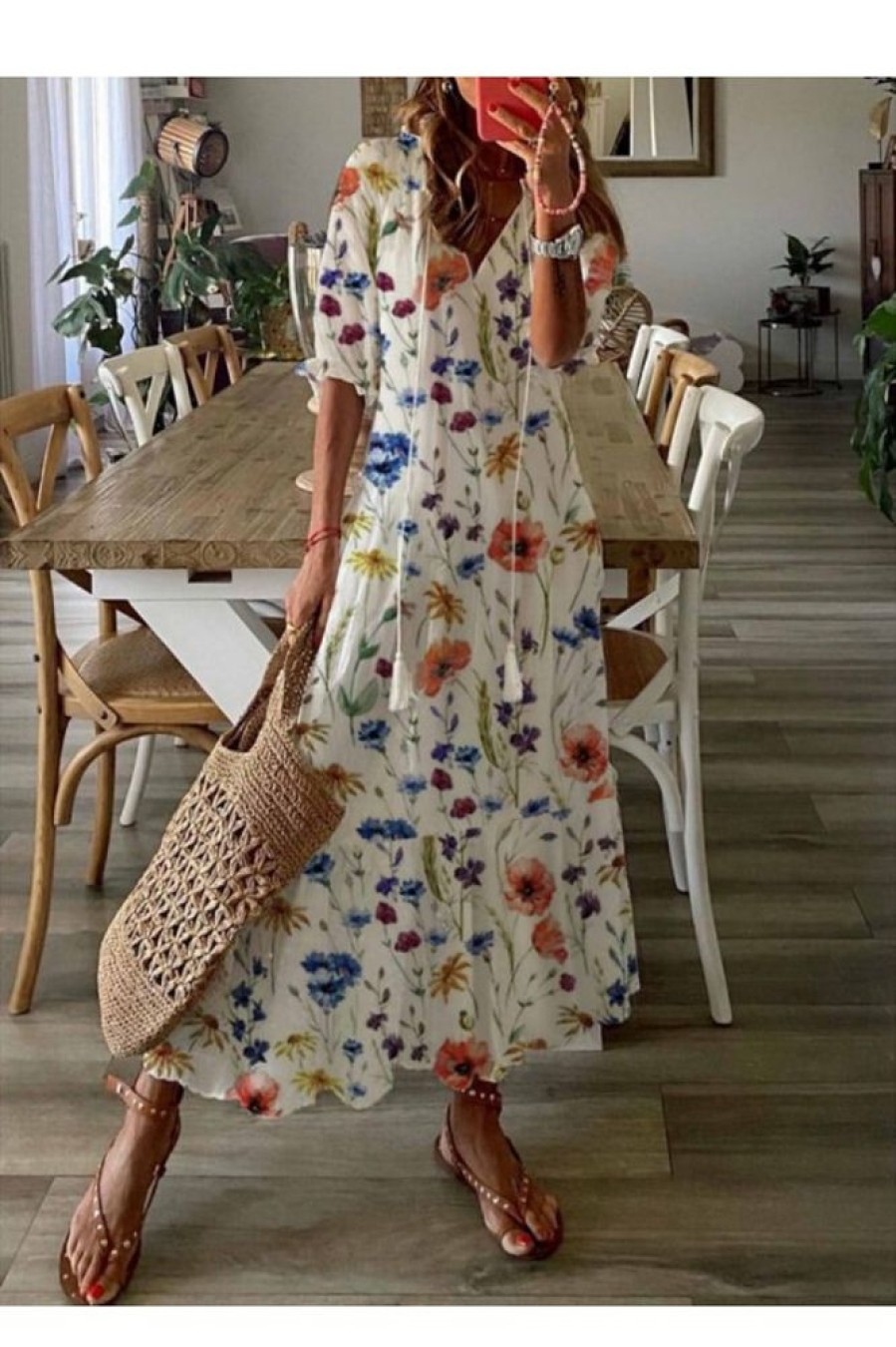 Clothing Azzlee Maxi Dresses | Casual V-Neck Half Sleeve Woven Floral Maxi Dress White