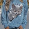 Clothing Azzlee Sweatshirt & Hoodies | Cat Crew Neck Long Sleeve Pullover Sweatshirt Blue