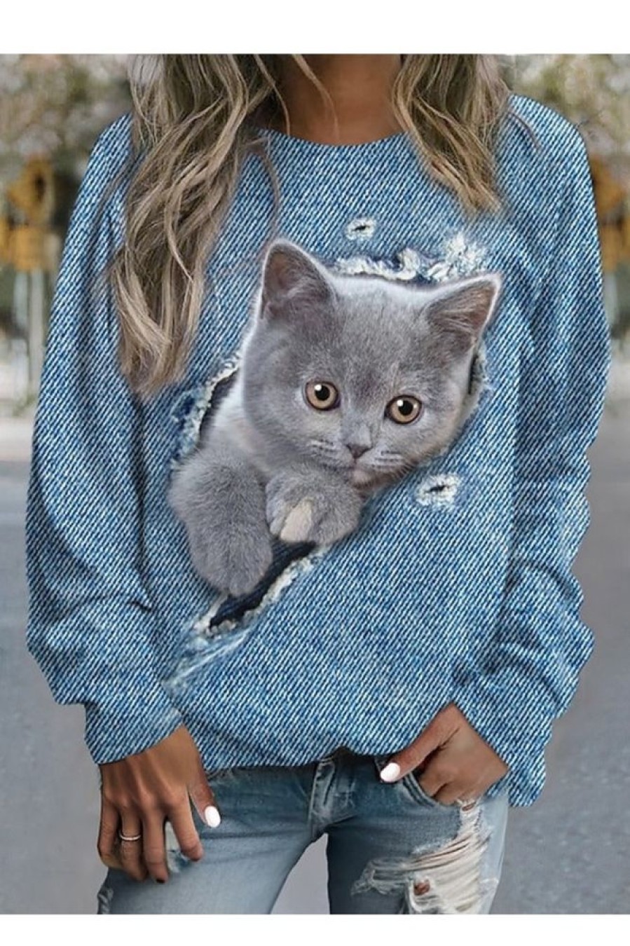 Clothing Azzlee Sweatshirt & Hoodies | Cat Crew Neck Long Sleeve Pullover Sweatshirt Blue