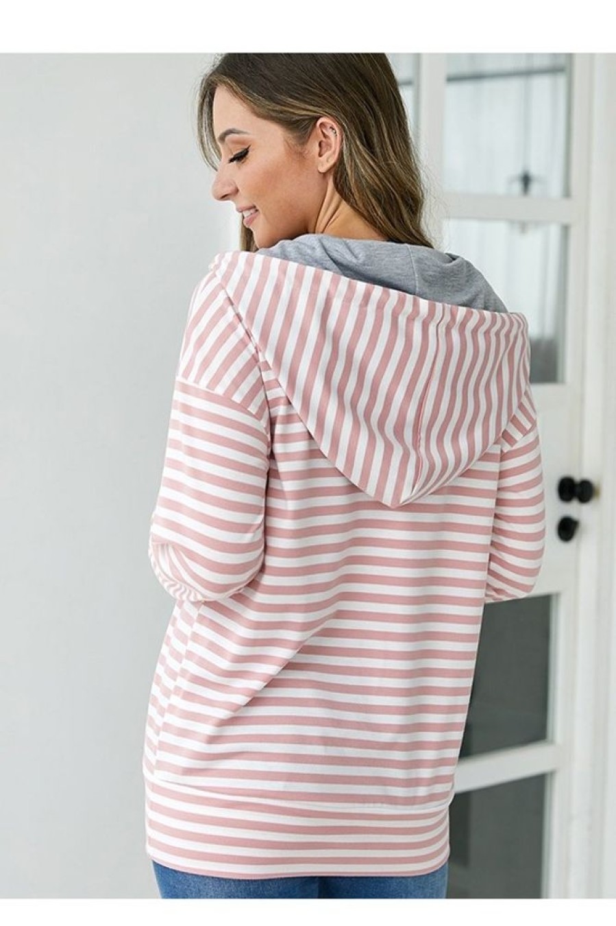 Clothing Azzlee Sweatshirt & Hoodies | Stripe Half Zip Hoodie Sweatshirt Pink