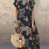 Clothing Azzlee Maxi Dresses | Round Neck Casual Bohemian Floral Print Maxi Dress Navy Blue