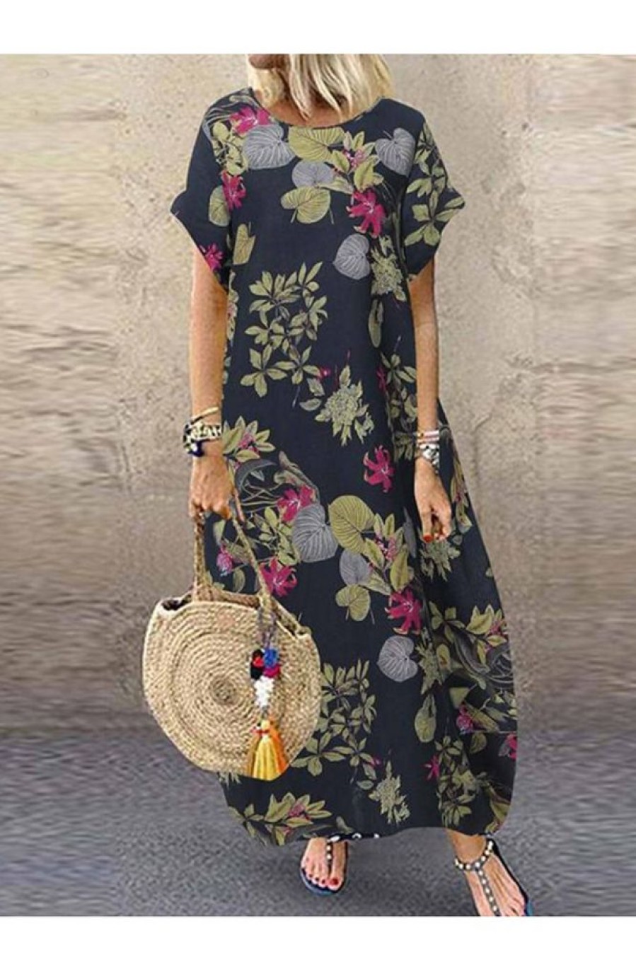 Clothing Azzlee Maxi Dresses | Round Neck Casual Bohemian Floral Print Maxi Dress Navy Blue