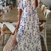 Clothing Azzlee Maxi Dresses | V Neck Loose Floral Casual Maxi Dress Blue