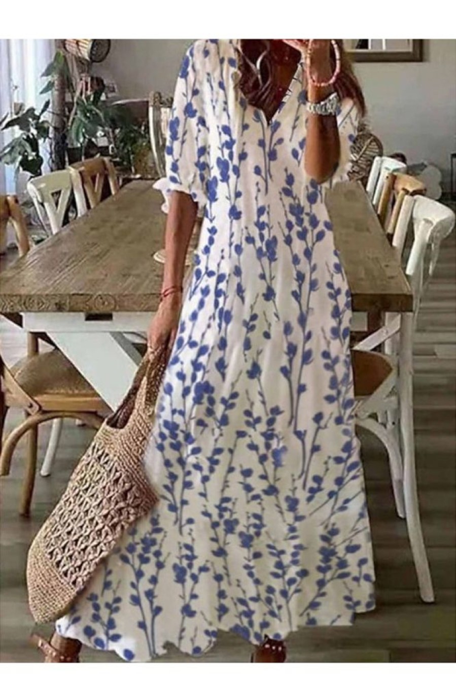 Clothing Azzlee Maxi Dresses | V Neck Loose Floral Casual Maxi Dress Blue