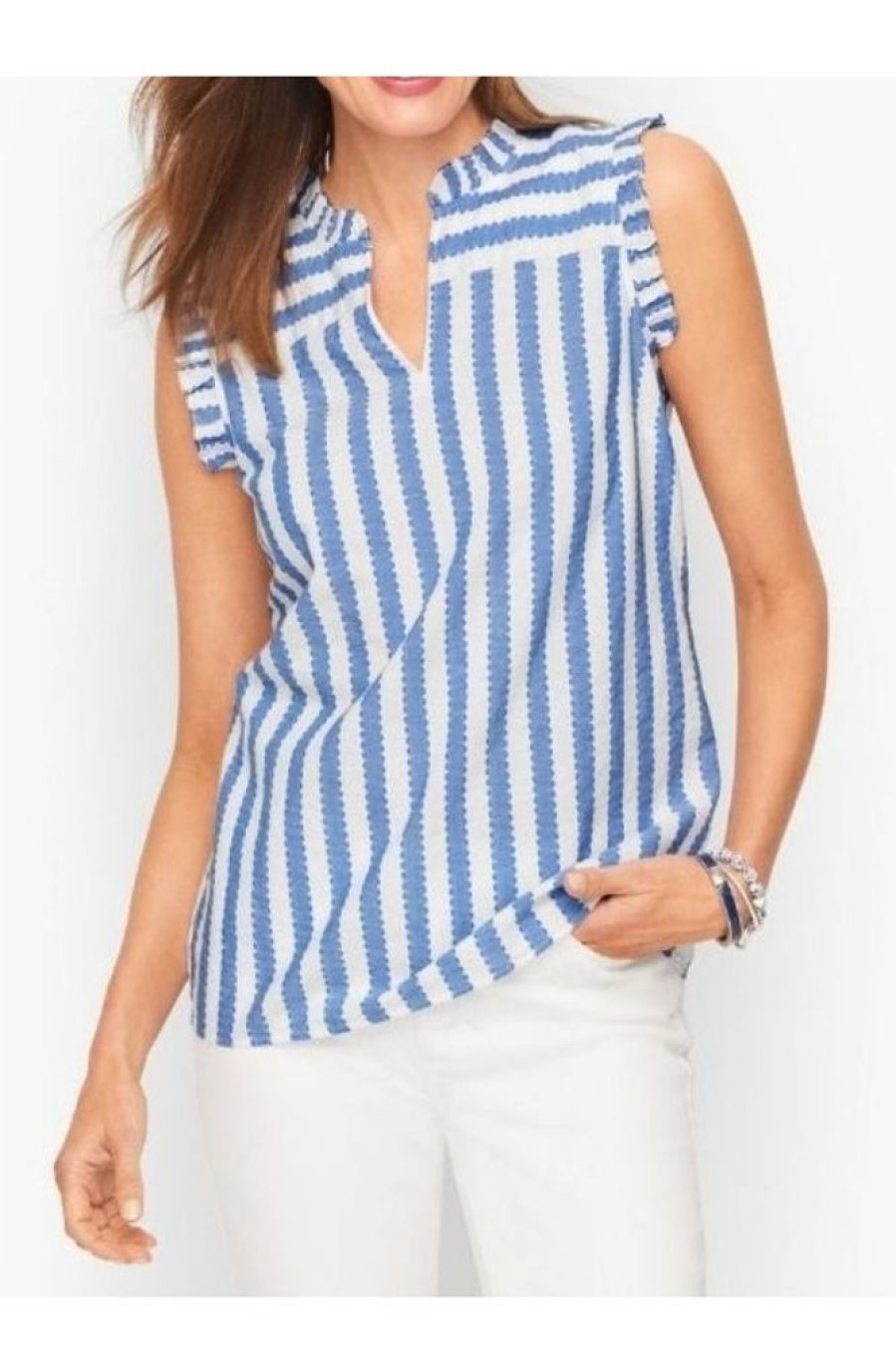 Clothing Azzlee Tanks | Striped Ruffle Tank Top Blue