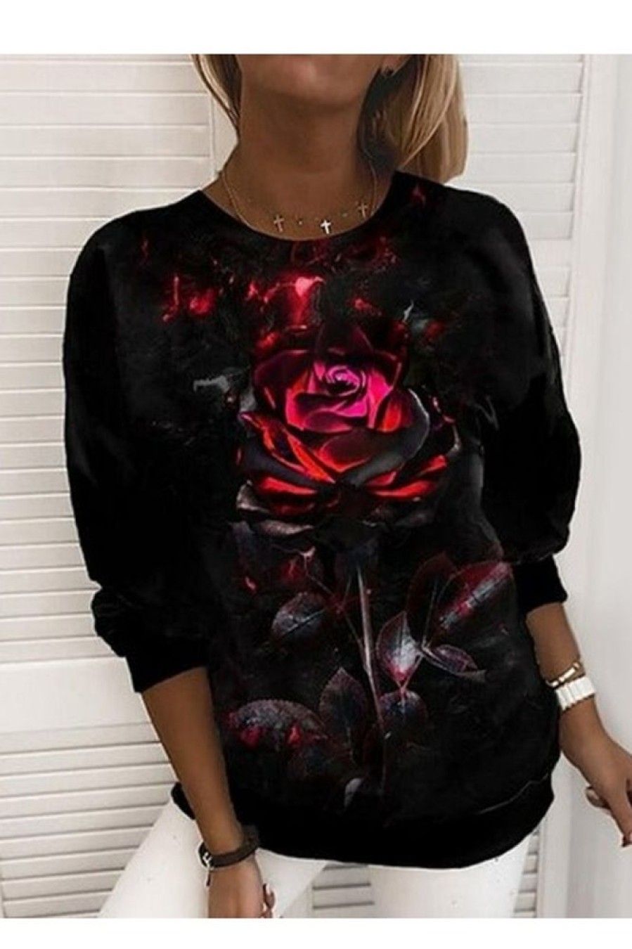 Clothing Azzlee Sweatshirt & Hoodies | Loose Casual Floral Print Sweatshirt Black