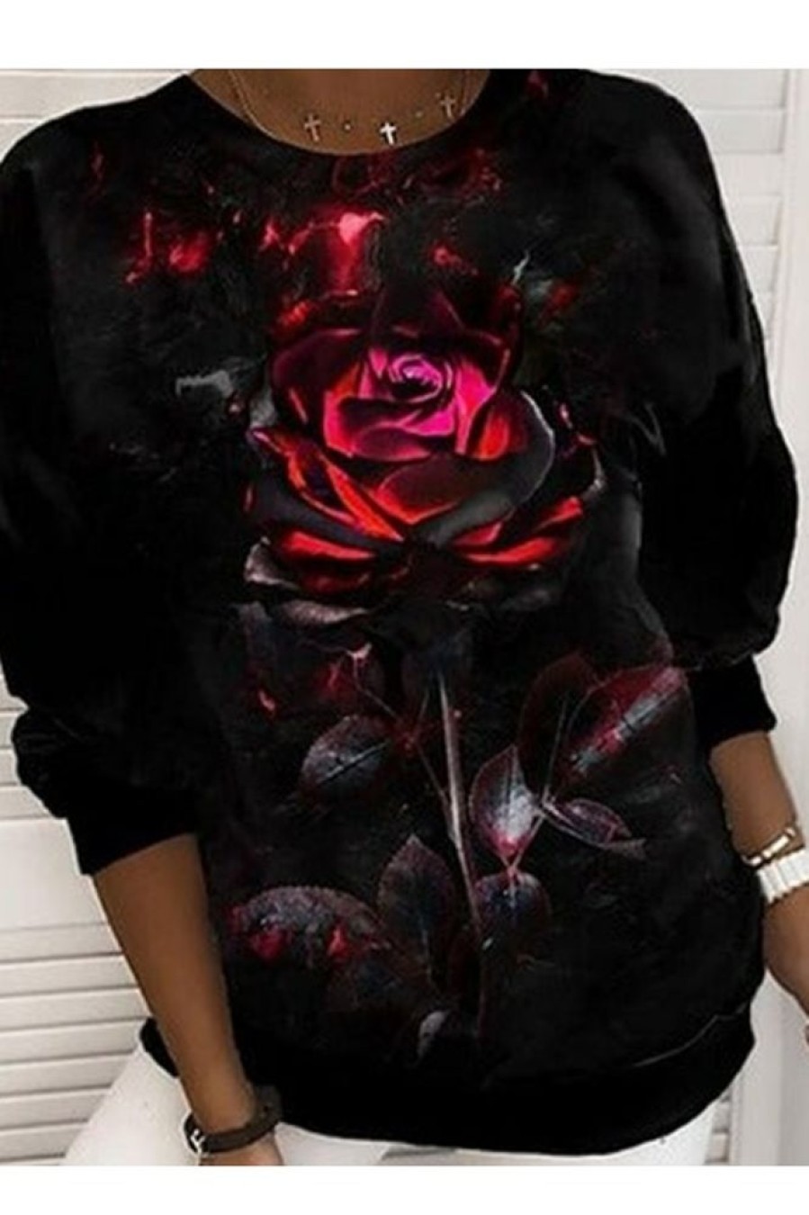 Clothing Azzlee Sweatshirt & Hoodies | Loose Casual Floral Print Sweatshirt Black