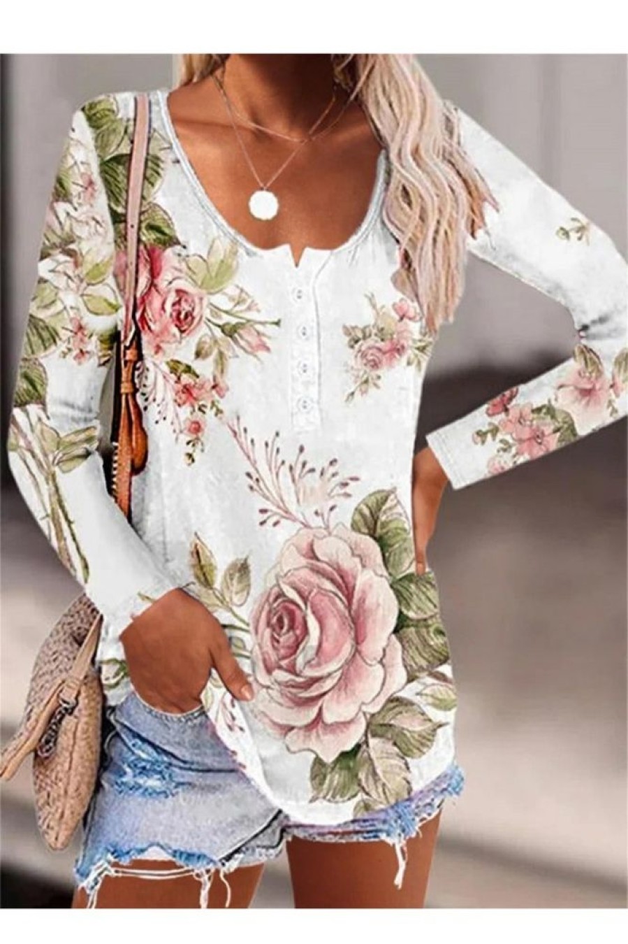 Clothing Azzlee Sweatshirt & Hoodies | Casual Round Neck Floral Printed Long Sleeve Blouse Flower