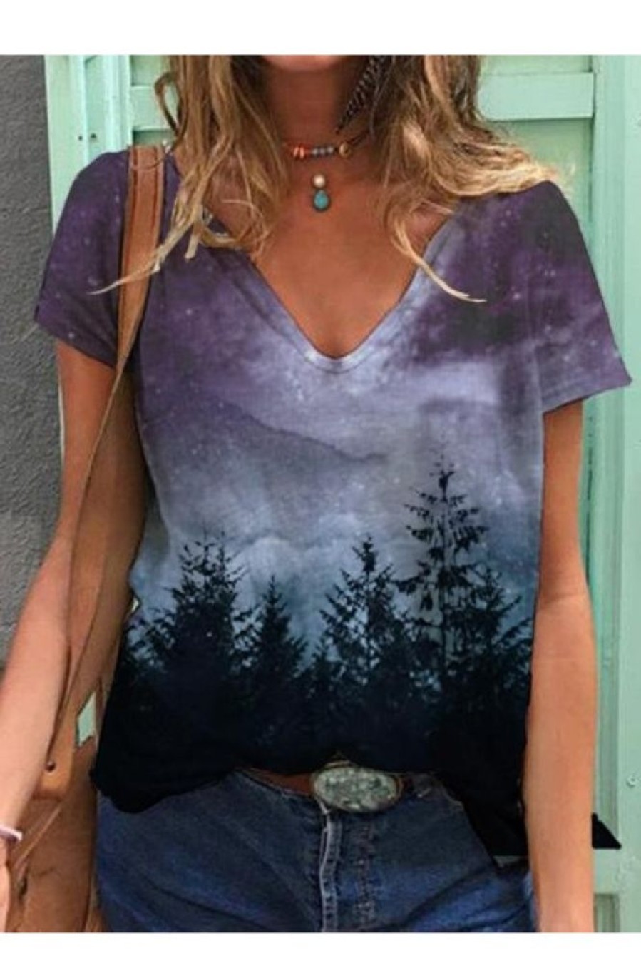 Clothing Azzlee T-Shirts | Tie-Dye Printed V-Neck Short Sleeve Tshirt Purple