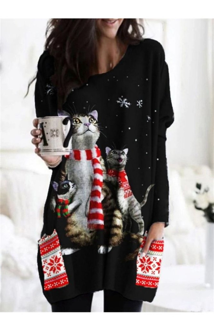 Clothing Azzlee Sweatshirt & Hoodies | Casual Graphic Tops Round Neck Snowflake Cat Printed Long Sleeve Sweatshirts Black