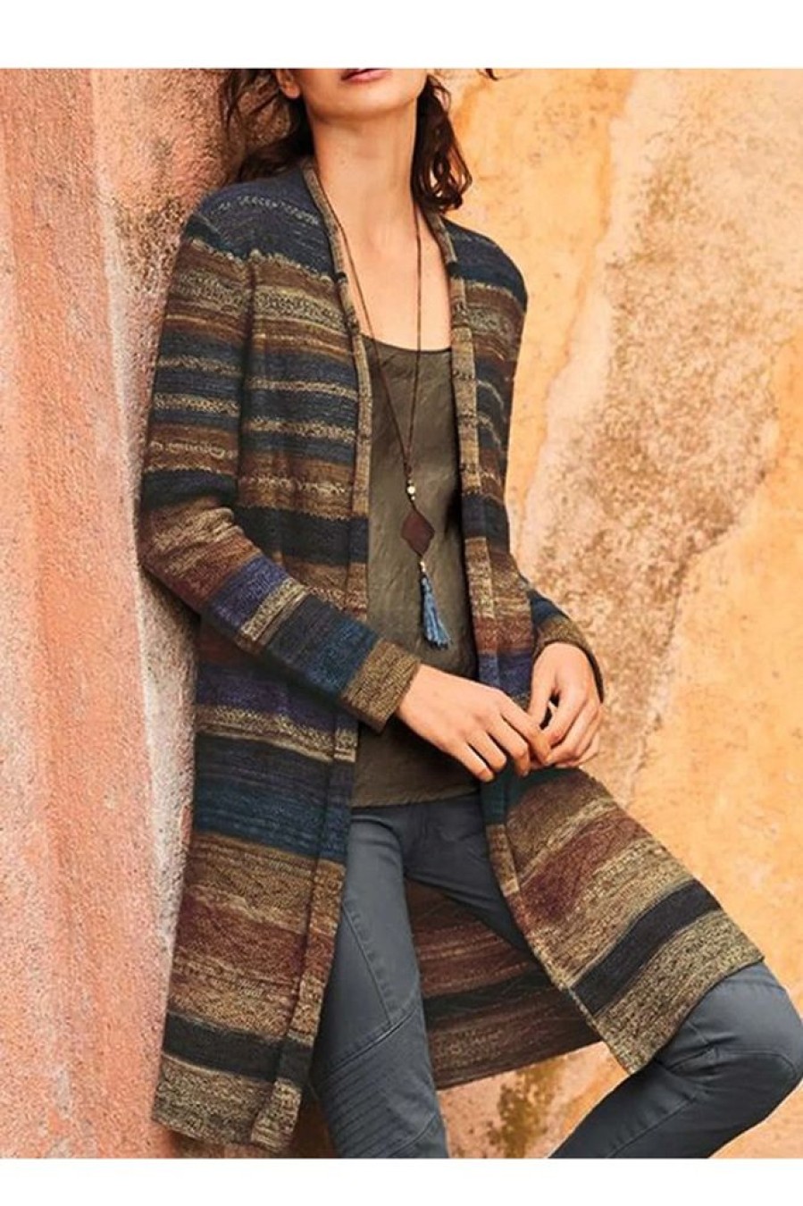 Clothing Azzlee Sweater & Cardigans | Casual Long Sleeve Stripe Printed Cardigan Brown