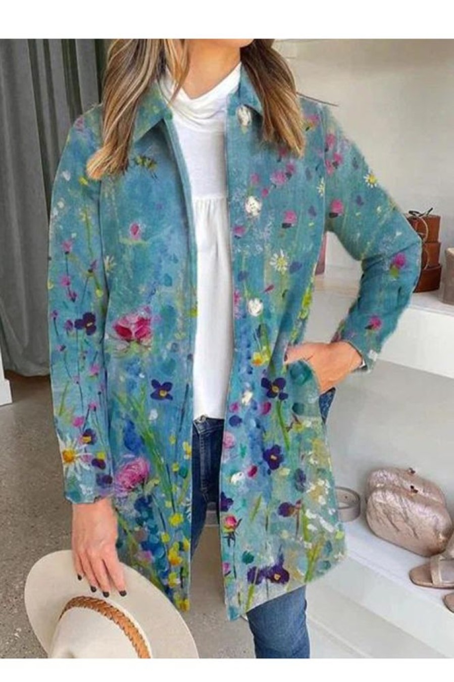 Clothing Azzlee Coats | Casual Lapel Long Sleeve Floral Printed Coats Sky Blue