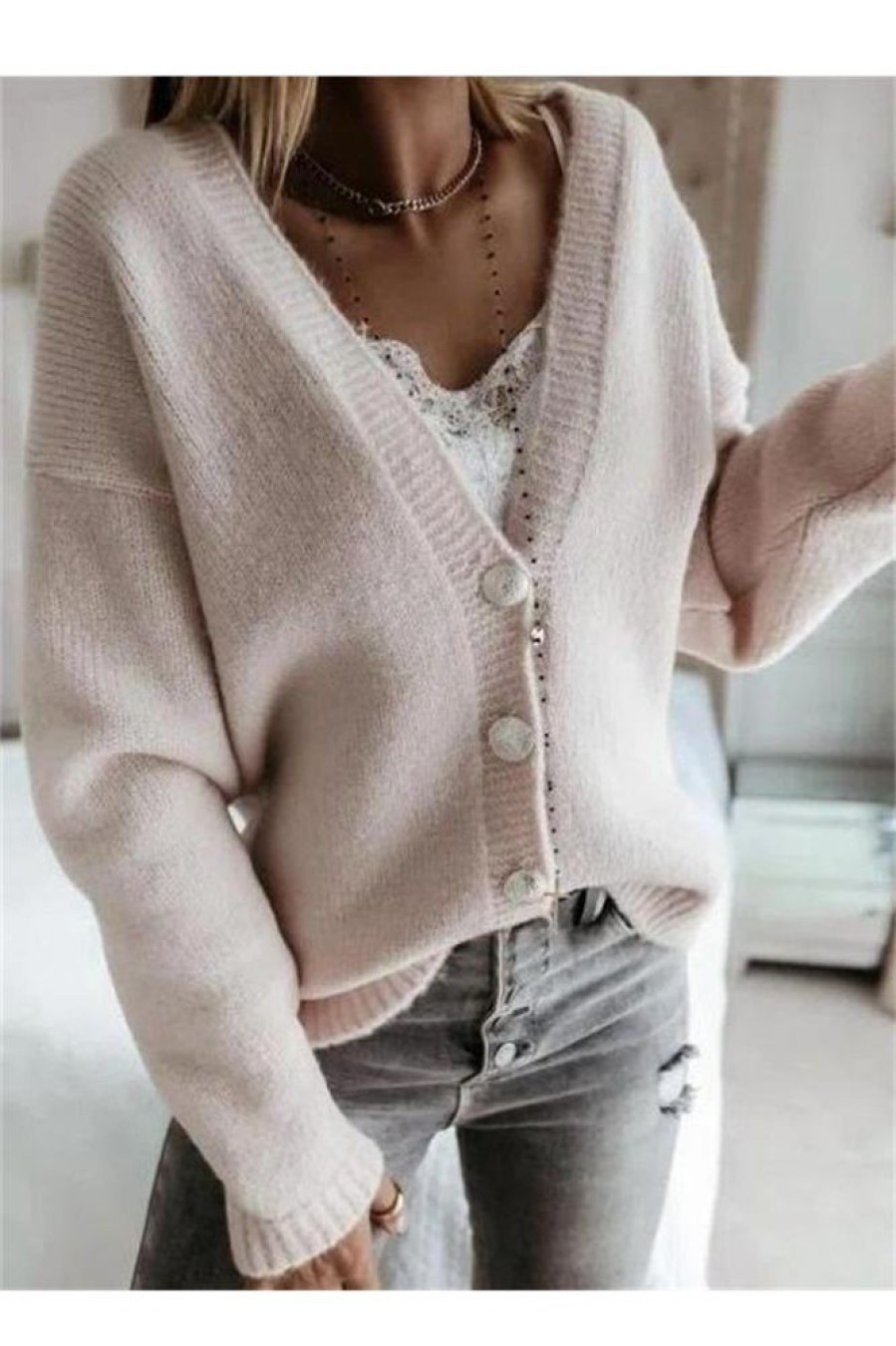 Clothing Azzlee Sweater & Cardigans | White Casual V-Neck Buttons Long Sleeve Sweater Cardigan