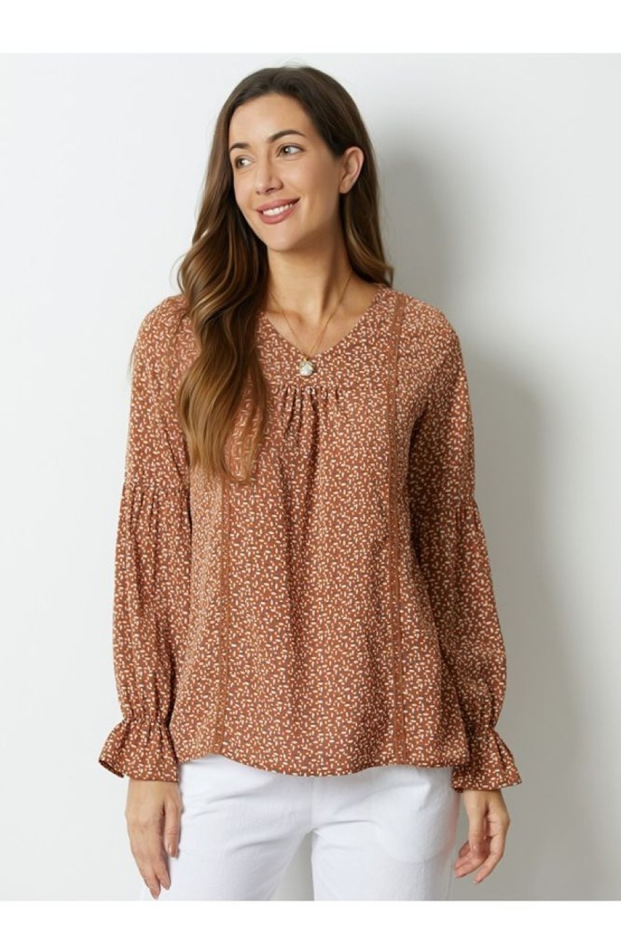 Clothing Azzlee Blouse & Shirts | Casual Summer Long Sleeve V-Neck Spot Printed Blouse Camel