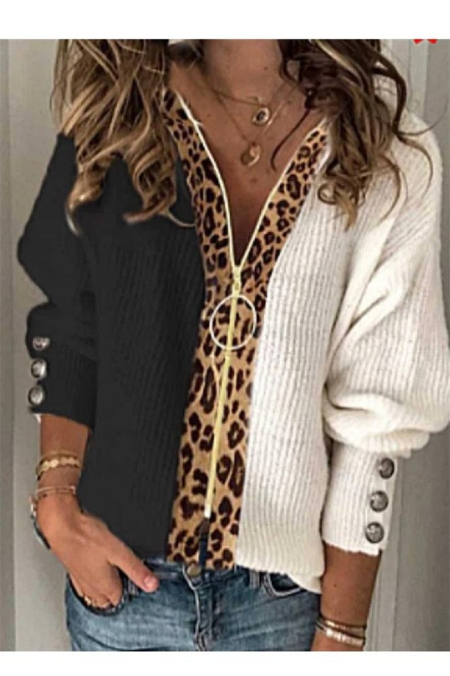 Clothing Azzlee Sweater & Cardigans | Casual V Neck Leopard Printed Long Sleeve Sweater As Picture