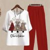 Clothing Azzlee | Trendy Print 3/4 Sleeve Round Neck Two Piece Set White