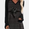 Clothing Azzlee Sweatshirt & Hoodies | Stripe Cat Print V-Neck Long Sleeve T-Shirt Black