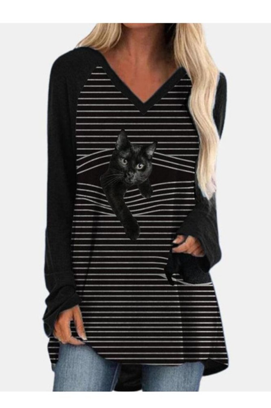 Clothing Azzlee Sweatshirt & Hoodies | Stripe Cat Print V-Neck Long Sleeve T-Shirt Black