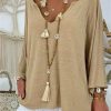 Clothing Azzlee Sweatshirt & Hoodies | Casual V-Neck Solid Long Sleeve Blouse Khaki