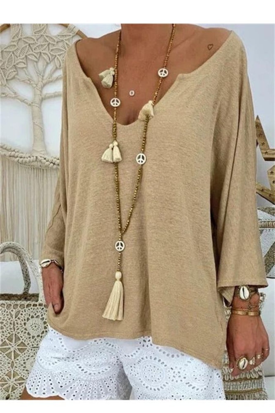 Clothing Azzlee Sweatshirt & Hoodies | Casual V-Neck Solid Long Sleeve Blouse Khaki