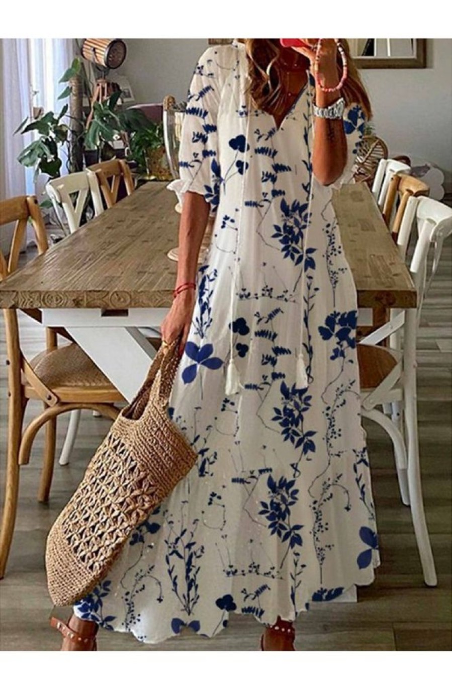 Clothing Azzlee Maxi Dresses | V Neck Blue Floral Loose Casual Maxi Dress White