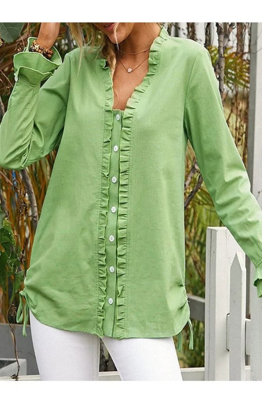 Clothing Azzlee Blouse & Shirts | Casual V-Neck Long Sleeve Solid With Buttons Blouse Green