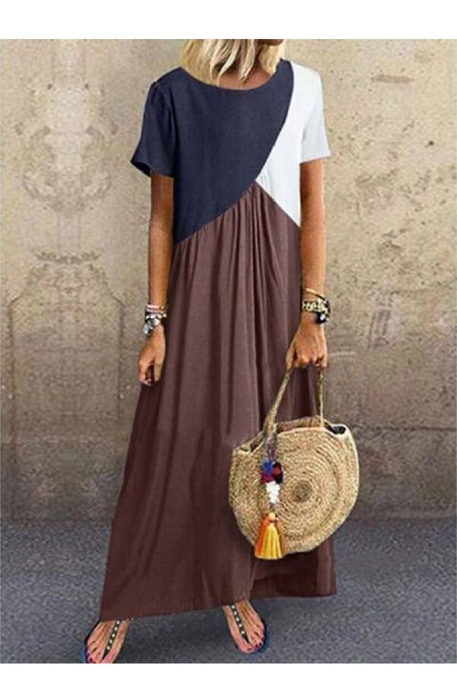 Clothing Azzlee Maxi Dresses | Short Sleeve Round Neck Summer Patchwork Casual Maxi Dress