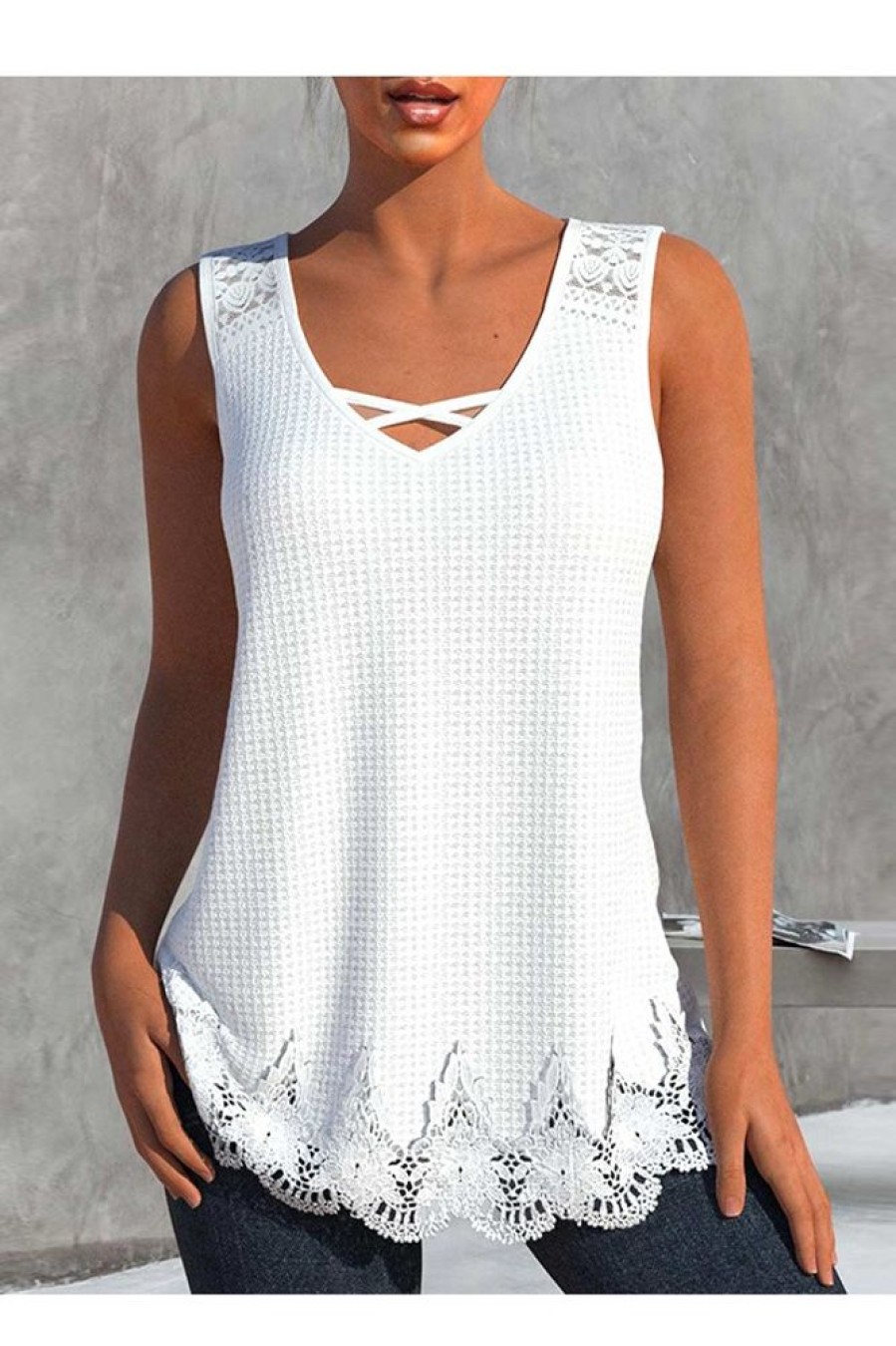 Clothing Azzlee Tanks | Casual V Neck Lace Sleeveless Tank White